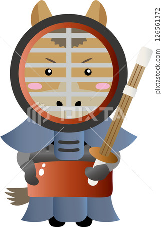 身穿劍道盔甲的馬角色（馬年、十二生肖、運動、可愛插畫） 126561372