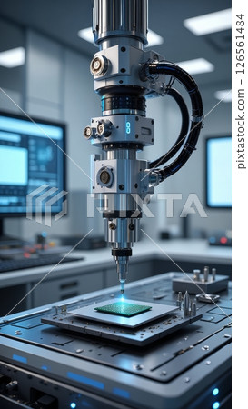 Robotic Hand Precision: High Tech Mechanical Arm Assembling Microchips, vertical shot Robotic Hand Precision: High Tech Mechanical Arm Assembling Microchips, vertical shot 126561484