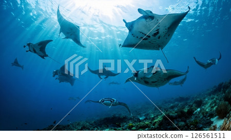 Manta Ray Feeding Frenzy: School Gliding Through Plankton Bloom Manta Ray Feeding Frenzy: School Gliding Through Plankton Bloom 126561511