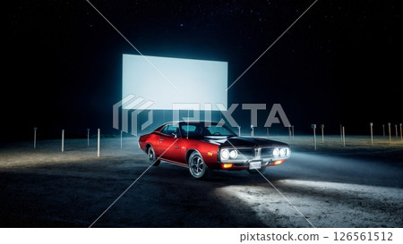 Retro Muscle Car at Drive In Theater Under Starry Sky Retro Muscle Car at Drive In Theater Under Starry Sky 126561512
