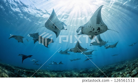 Manta Ray Feeding Frenzy: School Gliding Through Plankton Bloom Manta Ray Feeding Frenzy: School Gliding Through Plankton Bloom 126561513