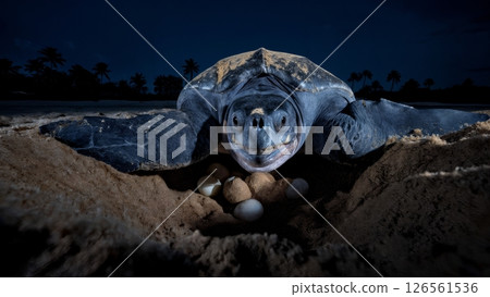Leatherback Turtle Nesting: 1,500lb Female Laying Eggs at Moonlight Leatherback Turtle Nesting: 1,500lb Female Laying Eggs at Moonlight 126561536
