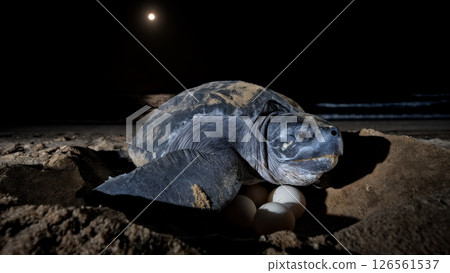 Leatherback Turtle Nesting: 1,500lb Female Laying Eggs at Moonlight 126561537