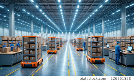 E Commerce Warehouse: Robots and Workers in a High Tech Fulfillment Center 126561538