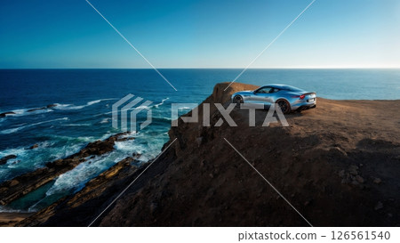 Luxury Sports Car Parked on Cliffside Overlooking Ocean 126561540