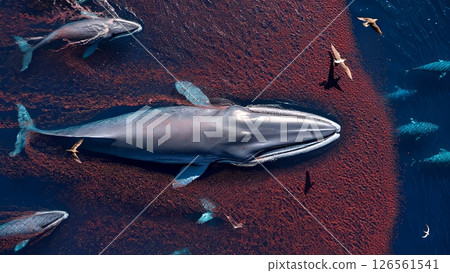 Blue Whale Feeding: Lunge Through Krill Swarm 126561541