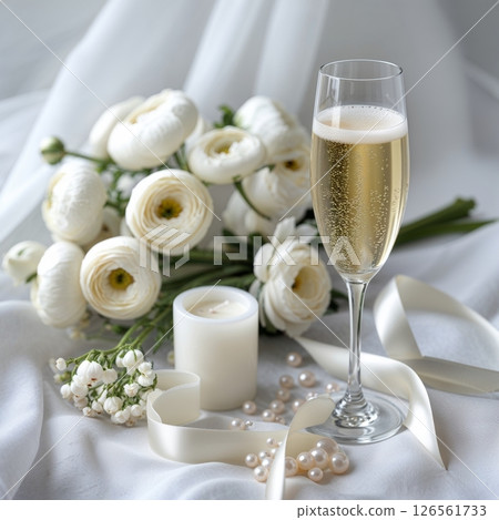 Flat lay of elegant wedding table with champagne and white flowers Flat lay of elegant wedding table with champagne and white flowers 126561733