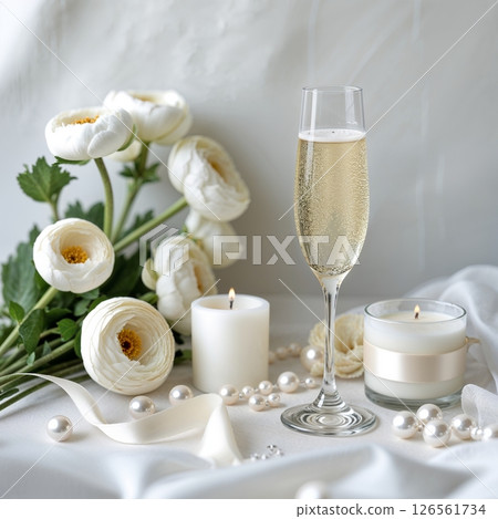 Flat lay of elegant wedding table with champagne and white ranunculus 126561734