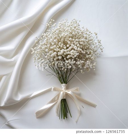 Simple and elegant white bouquet with satin ribbon Simple and elegant white bouquet with satin ribbon 126561735