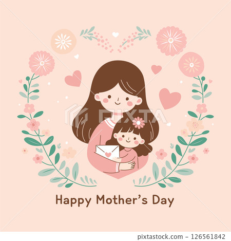 Happy Mothers Day floral illustration with mom and daughter, cute postcard 126561842