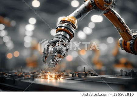 Automated manufacturing lines and industrial robot arms. Cutting-edge business 126561910