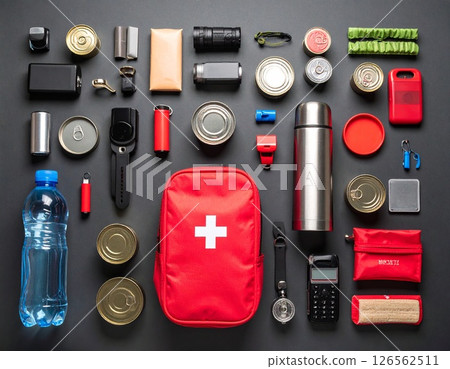 災難準備：平放的生存工具包 - 手電筒、水、罐頭食品和其他緊急情況下有用的物品 126562511