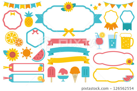夏季裝飾材料套裝/向日葵、鳳梨、西瓜、果汁、冰淇淋和啤酒的插圖 126562554