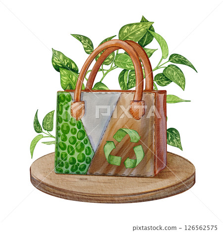 A handbag with a recycling symbol on a stand and a leaf-shaped decoration. Watercolor illustration of eco-friendly items. The topic of recycling and reuse. Ideal for the design of a green lifestyle. A handbag with a recycling symbol on a stand and a leaf-shaped decoration. Watercolor illustration of eco-friendly items. The topic of recycling and reuse. Ideal for the design of a green lifestyle. 126562575