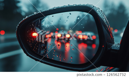 Side mirror reflecting traffic jams on a rainy day 126562732