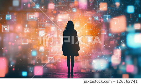 女人走在數位世界與資訊圖標 126562741