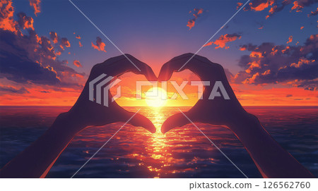 Heart-shaped silhouette of hands overlapping in the sunset 126562760