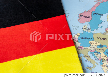 National flag of Germany on the world map background. 126562824