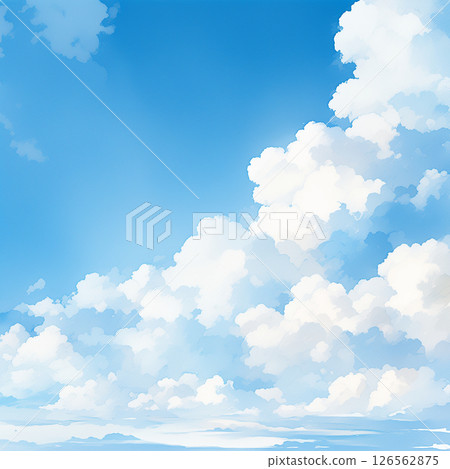 Watercolor illustration background of blue sky, contrails and cumulonimbus clouds 126562875