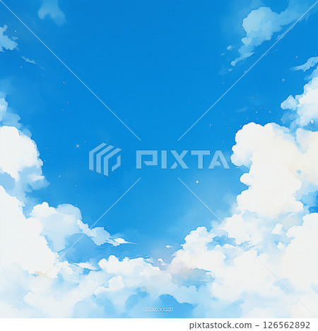 藍天、凝結尾跡和積雨雲的水彩插圖背景 126562892