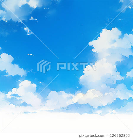 藍天、凝結尾跡和積雨雲的水彩插圖背景 126562893