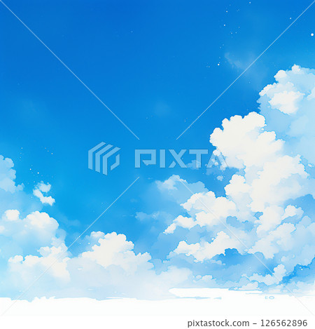 Watercolor illustration background of blue sky, contrails and cumulonimbus clouds 126562896