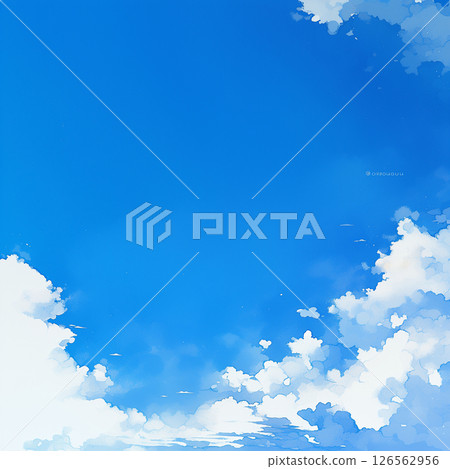 藍天、凝結尾跡和積雨雲的水彩插圖背景 126562956