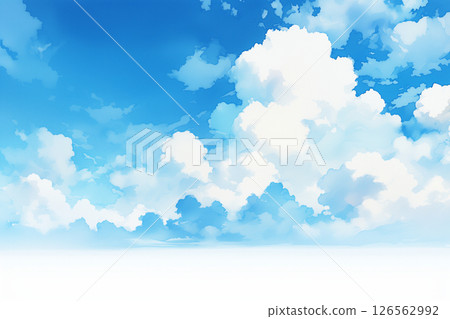 Watercolor illustration background of blue sky, contrails and cumulonimbus clouds 126562992
