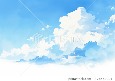 藍天、凝結尾跡和積雨雲的水彩插圖背景 126562994