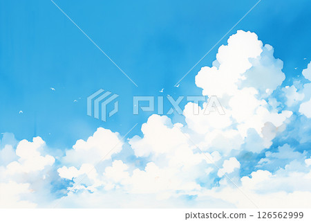 藍天、凝結尾跡和積雨雲的水彩插圖背景 藍天、凝結尾跡和積雨雲的水彩插圖背景 126562999