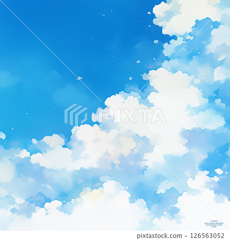 Watercolor illustration background of blue sky, contrails and cumulonimbus clouds 126563052