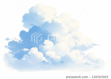 Watercolor illustration background of blue sky, contrails and cumulonimbus clouds 126563083