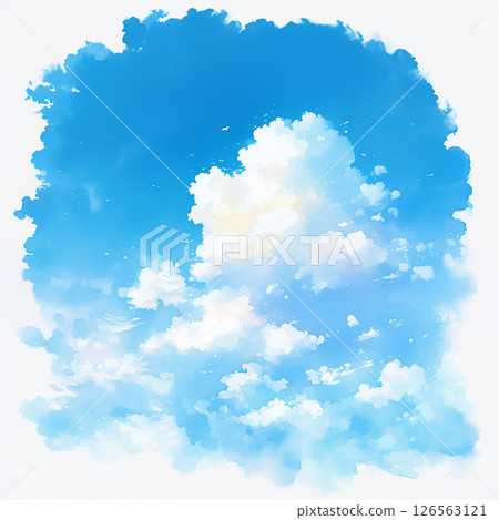 Watercolor illustration background of blue sky, contrails and cumulonimbus clouds 126563121