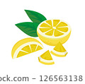 新鮮黃檸檬的簡單向量插圖。一組切好的檸檬。 126563138