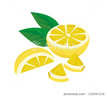 Simple vector illustration of fresh yellow lemon. Set of sliced lemons. 126563138