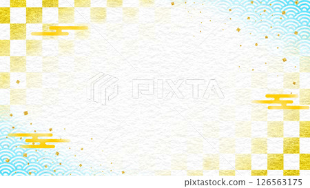 Japanese pattern frame background, blue and gold leaf, Japanese paper, 16:9 126563175