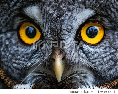Closeup of great gray owl face. ,Carnivorous bird with amber eyes. AI Generated. 126563211