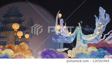 Beijing, China. Zigong Lantern Festival In Beijing. Amazing Lighting Composition Of Mythological Story About Moon Goddess Chang'e And Her Rabbits, Who Stole Elixir Of Immortality From Her Husband And Beijing, China. Zigong Lantern Festival In Beijing. Amazing Lighting Composition Of Mythological Story About Moon Goddess Chang'e And Her Rabbits, Who Stole Elixir Of Immortality From Her Husband And 126563464