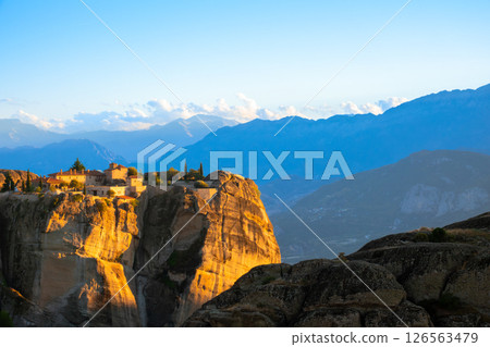 Greek Rock Monastery in Sunset Light 126563479