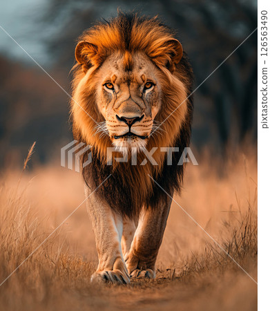 Male lion walking on the meadows. AI Generated. 126563490