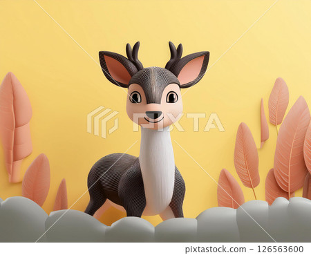 Cute cartoon Deer on yellow background. AI Generated. 126563600