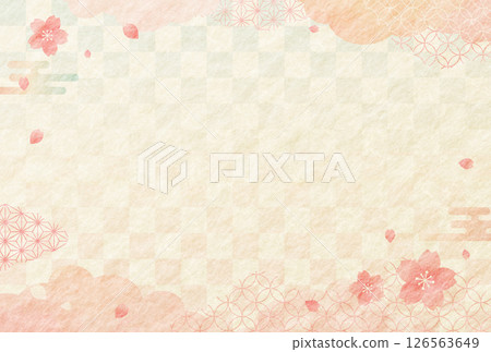 春季水彩風格櫻花與日式圖案日本紙背景格紋圖案 126563649