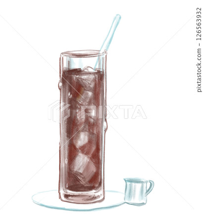 A hand-drawn watercolor illustration of a delicious-looking transparent long glass and iced coffee in a coffee shop 126563932