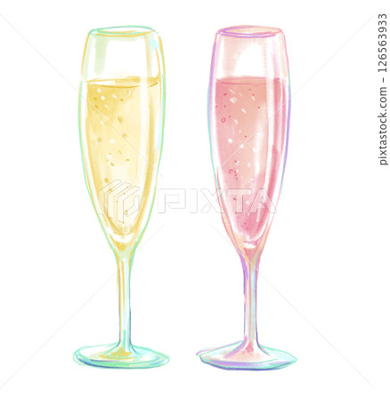 A hand-drawn watercolor illustration of a refreshing and delicious glass of clear champagne and a pair of glasses 126563933