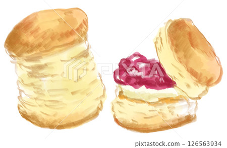 Hand-drawn watercolor illustration of delicious freshly baked scones with cream and jam 126563934