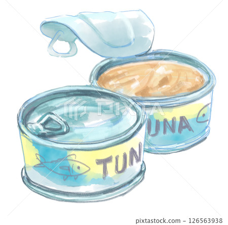 Watercolor illustration of a can of tuna, perfect for emergency food 126563938
