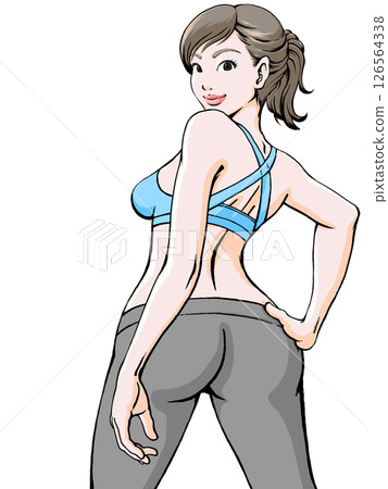 一位身穿運動服的年輕女子雙腿大張,回頭看_上身 一位身穿運動服的年輕女子雙腿大張,回頭看_上身 126564338