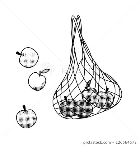 string bag with apples, black and white line art for eco-friendly living string bag with apples, black and white line art for eco-friendly living 126564572