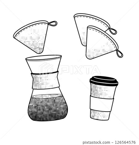 manual drip Coffee Maker, reusable cloth filters, reusables coffee glass with cap, black and white line art for eco-friendly living manual drip Coffee Maker, reusable cloth filters, reusables coffee glass with cap, black and white line art for eco-friendly living 126564576