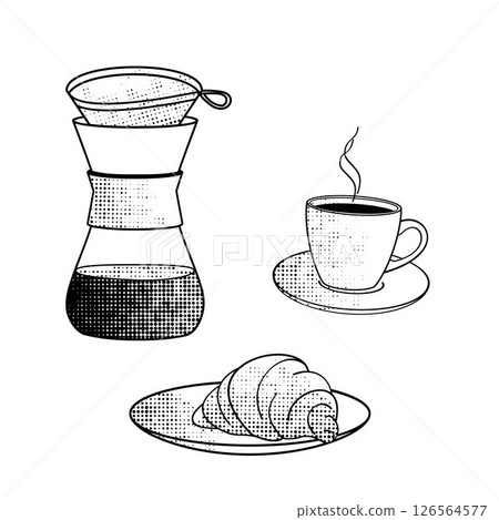 Manual glass coffee maker, cup of coffee and croissant, black and white line art for eco-friendly living Manual glass coffee maker, cup of coffee and croissant, black and white line art for eco-friendly living 126564577